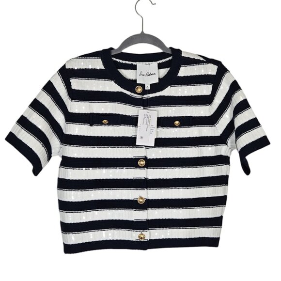 SAM EDELMAN Colleen Stripe Short Sleeve Cardigan knit blue Size Medium NWT - Picture 8 of 11